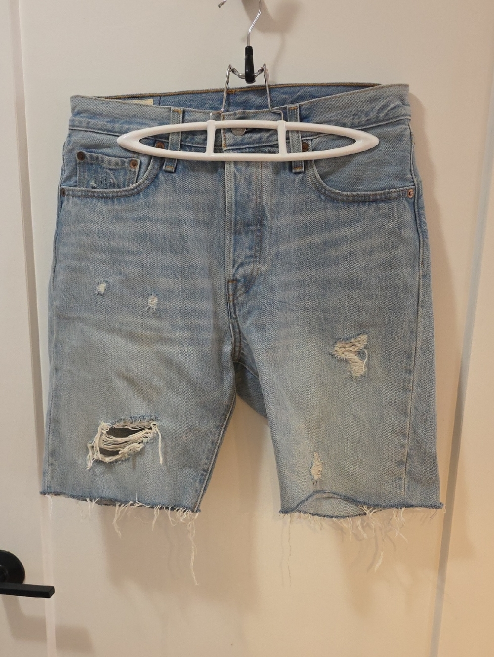 Levi's Light Blue Long Distressed Denim Shorts